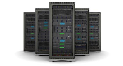 Five server racks in a white room